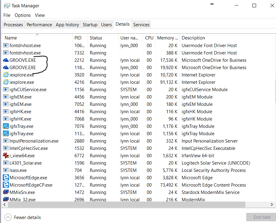 Task Manager-showing onedrive sync engine running