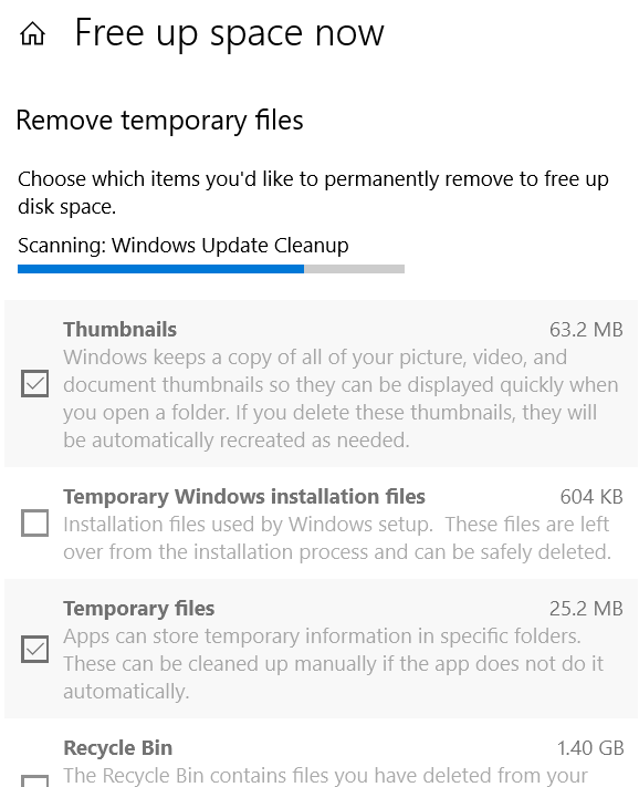 storage sense - remove temporary files screen