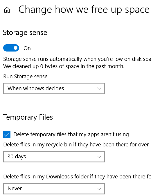 Windows storage sense screen