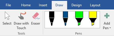 Pens and highlighters on the Draw tab in Office 2016